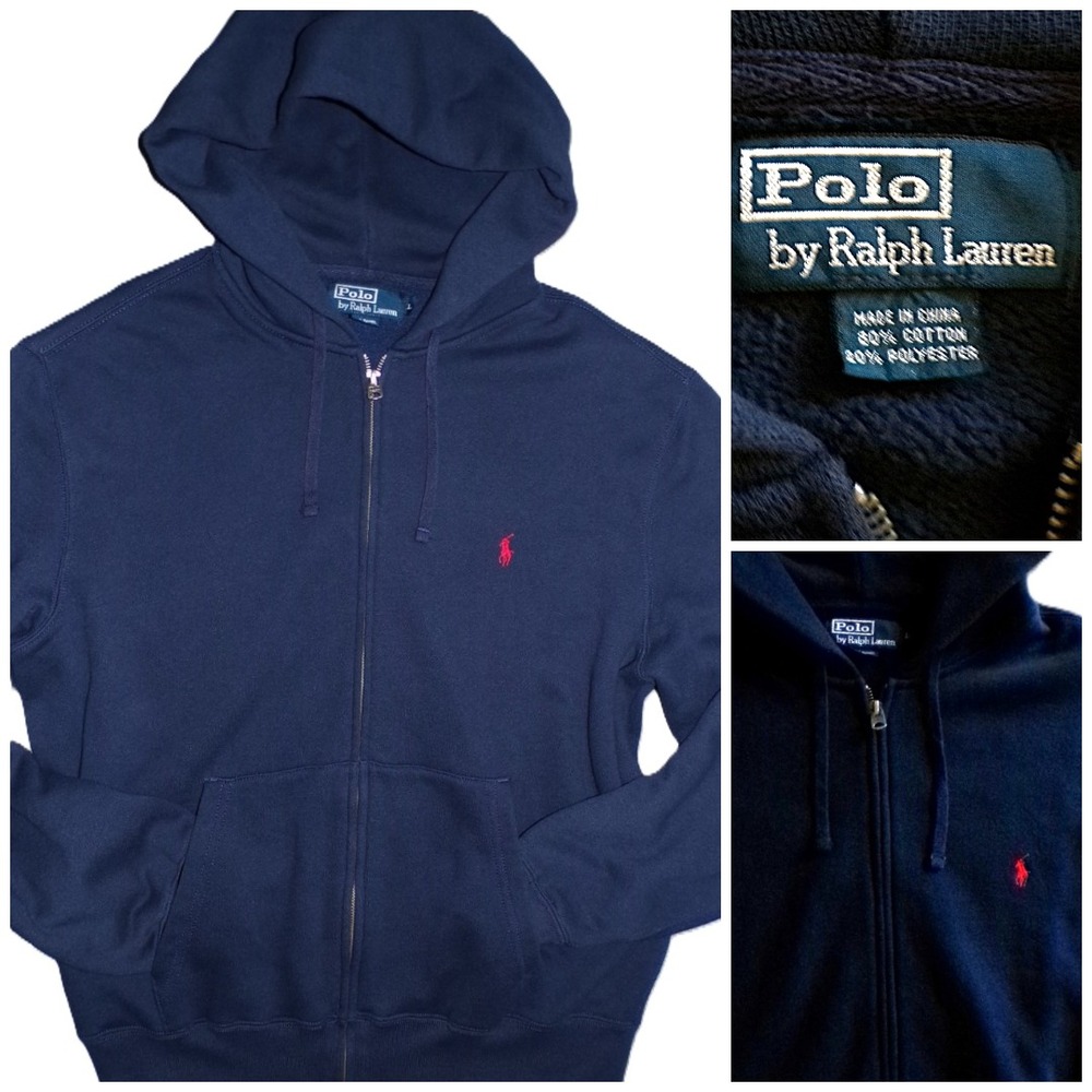 Vtg 90's Polo Ralph Lauren Zip Up Hoodie Large Navy Blue w red Pony "Mint Cond"